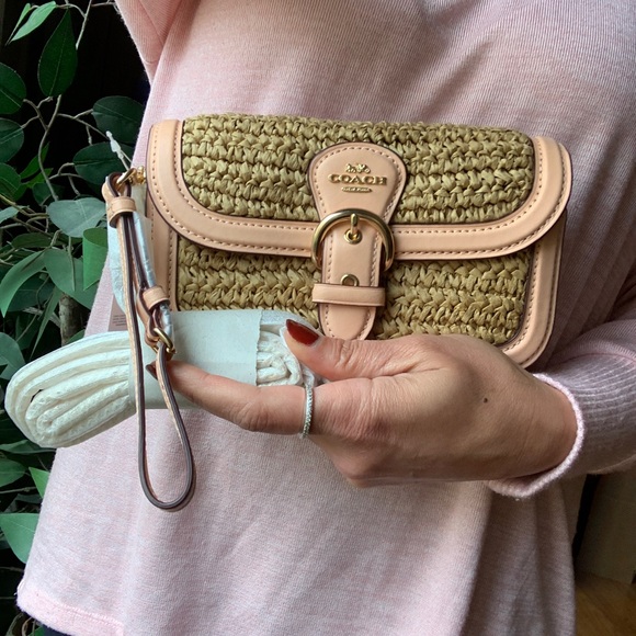 RARE🔥Authentic COACH Leather/suede/Straw flap logo Crosby/shoulder/wristlet bag - Picture 2 of 16